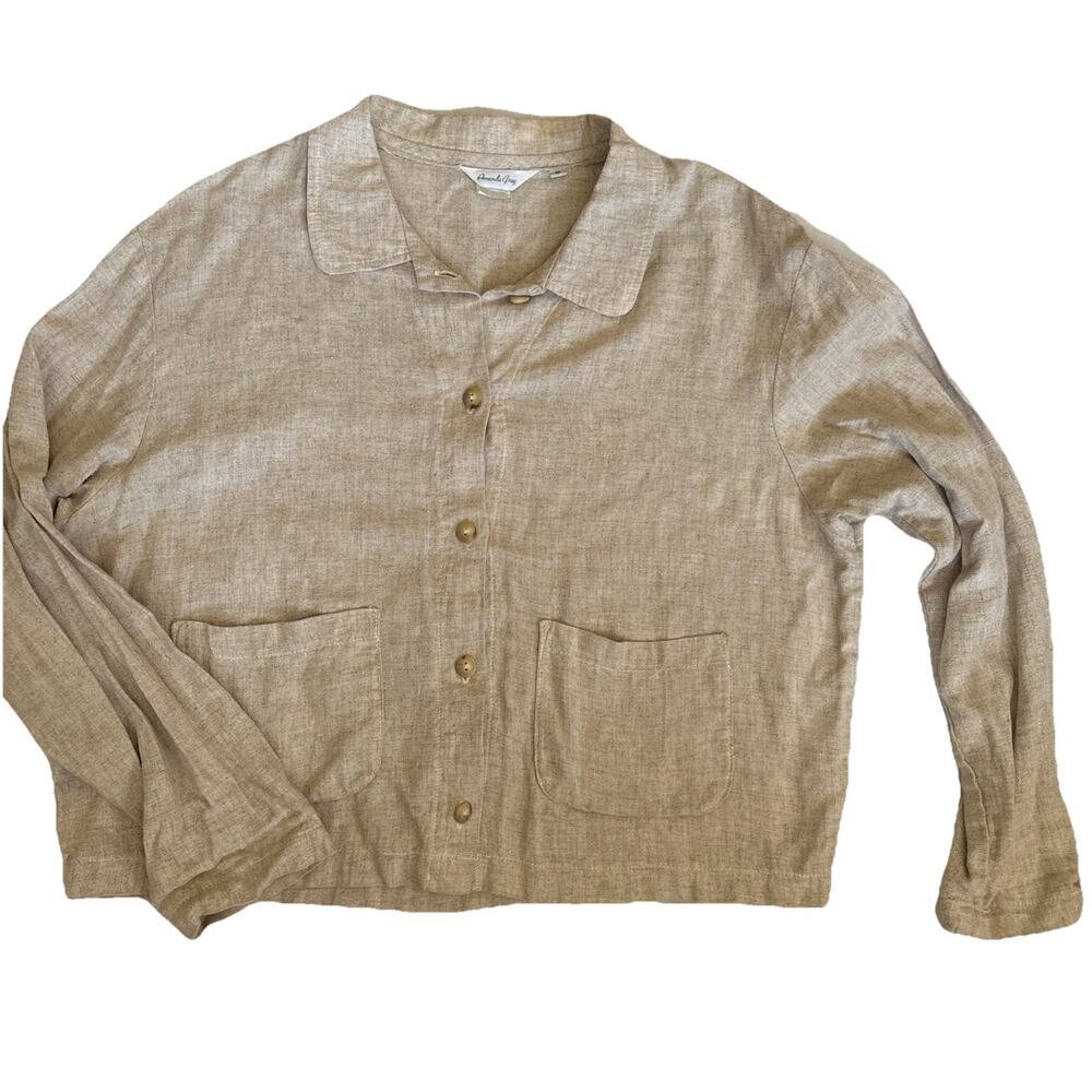VTG Amanda Gray Button Front Linen Blend Top Beige Minimalist Classic Sz S boxy
